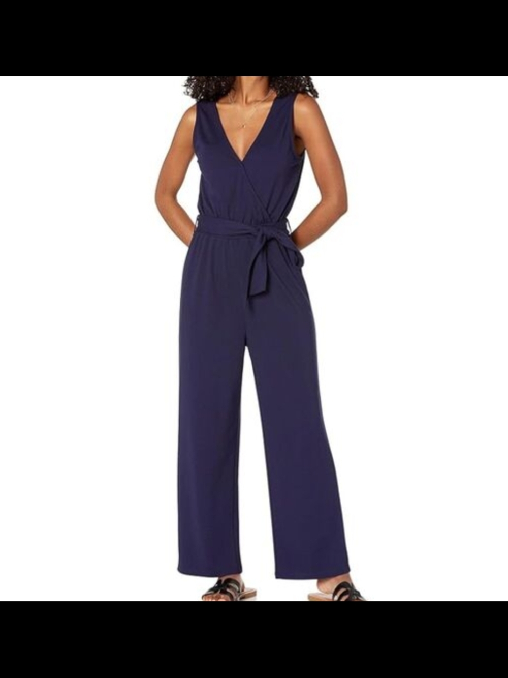 Sleeveless V-Neck Navy Wide-Leg Jumpsuit with Self-Tie Waist L Large NWT
